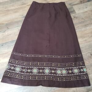 Due per Due Brown Beaded Embellished Embroidered Linen A-Line Full Midi Skirt 4